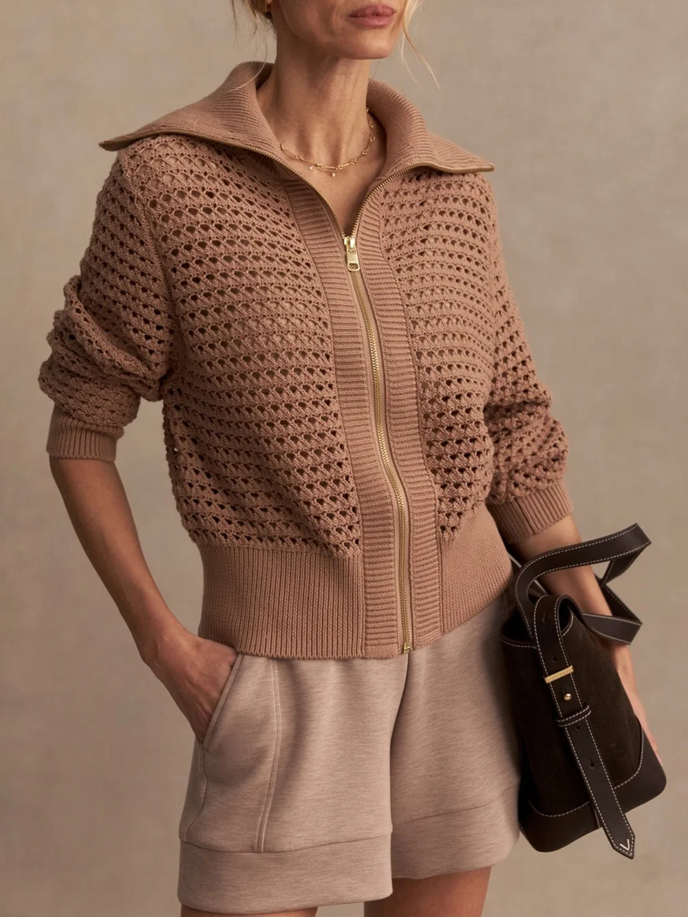 Varley Eloise Zip Through Jacket Warm Taupe
